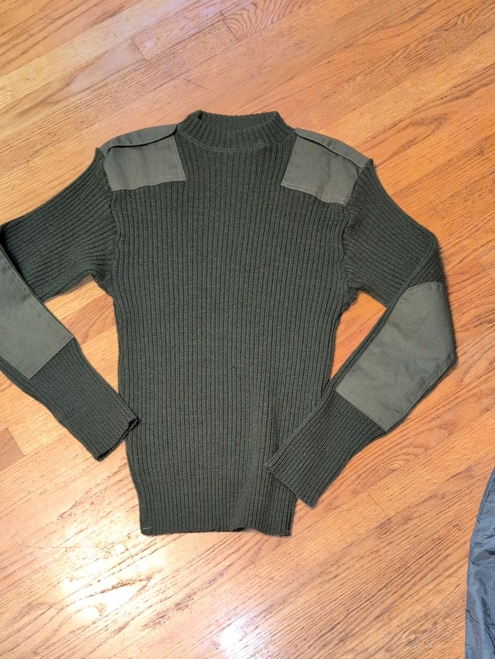 Men's Wool Olive Crewneck Ribbed Sweater with Elbow & Shoulder Patches